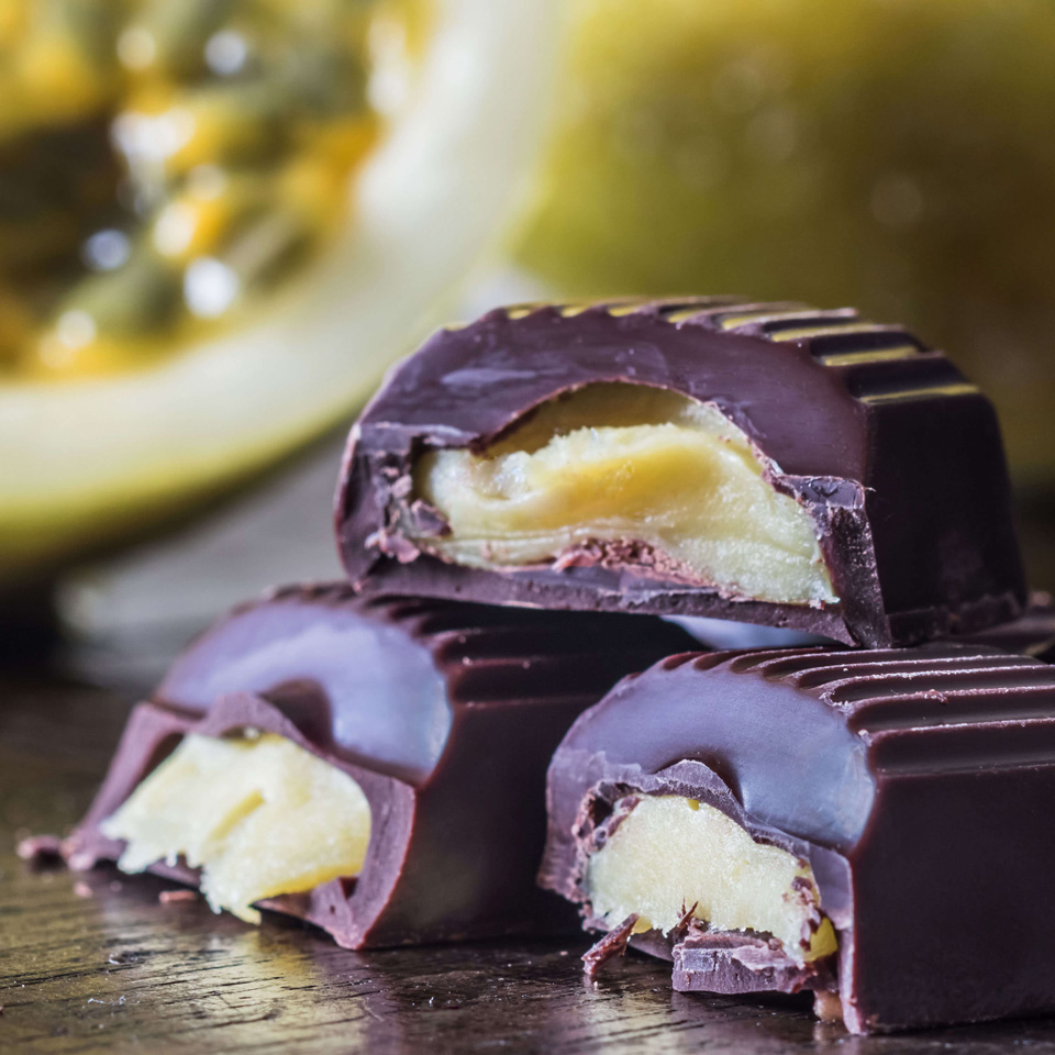 Dark Chocolate Filled With Passion Fruit 16 Bars of 1.23 Oz each
